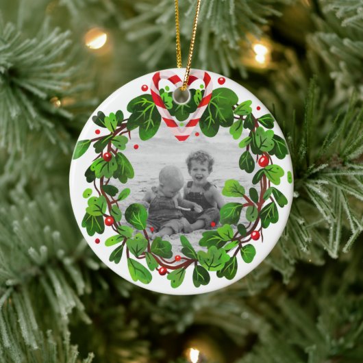 Candy Cane Herzkranz Foto Frohe Weihnachten Jahr Keramik Ornament (Baum)