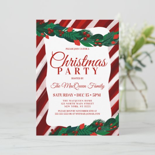Candy Cane Holly Berry Ivy Verlasse Weihnachts-Par Einladung (Stehend Vorderseite)