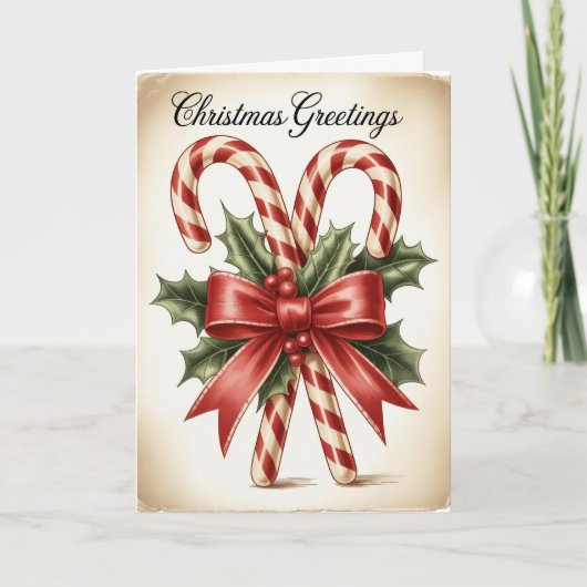 Candy Cane & Holly Bow Christmas Karte (Vorderseite)