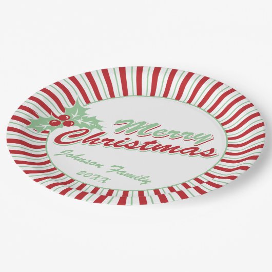 Candy Cane Holly | Kundenspezifische Weihnachtspap Pappteller (Schrägansicht)