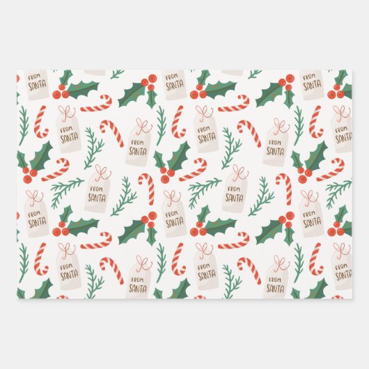 Candy Cane Holly Pattern Niedlicher Urlaub Weihnac Geschenkpapier Set (Vorderseite)