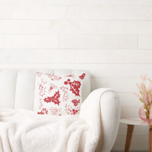 Candy Cane Holly   White Christmas Throw Kissen
