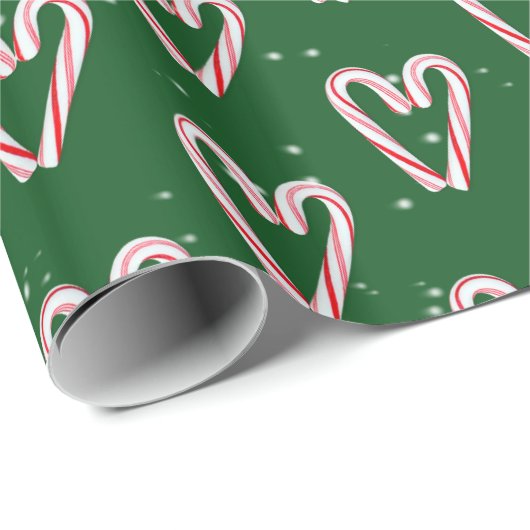 Candy Cane hört und schneebedeckt auf Grün Geschenkpapier (Rolleneckpunkt)