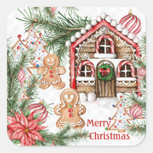 Candy Cane House, Lebkuchen Mann, Poinsettia Quadratischer Aufkleber