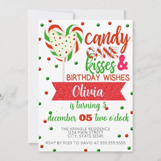 Candy Cane Kisses Birthday wünscht Party Einladung (Vorderseite)