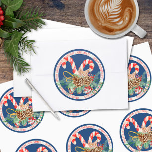 Candy Cane Merry Christmas Round Sticker (blau)
