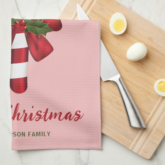 Candy Cane mit Bow und Weihnachtsleder & Text Geschirrtuch (Viertel Falte)