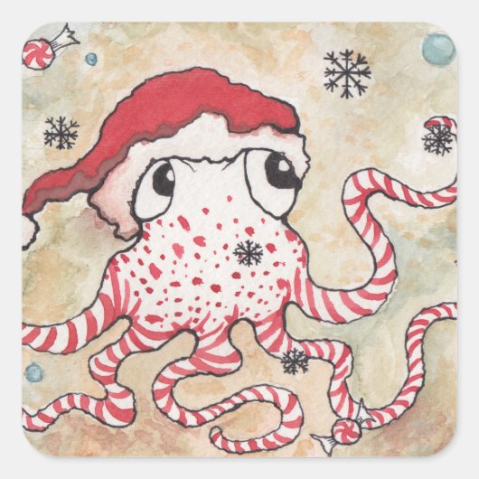 Candy Cane Octopus Quadratischer Aufkleber (Vorderseite)