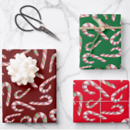 Candy Cane Pattern Red Green Maroon Geschenkpapier Set