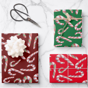 Candy Cane Pattern Red Green Maroon Geschenkpapier Set