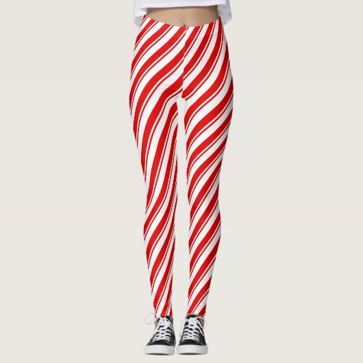 Candy Cane Peppermint Red Whtie Stripe Muster Leggings (Vorderseite)