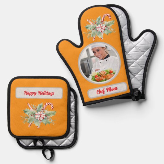 Candy Cane Personalisiert Koch Mama Foto Weihnacht Ofenhandschuh & Topflappen-Set (Vorderseite/Rückseite)