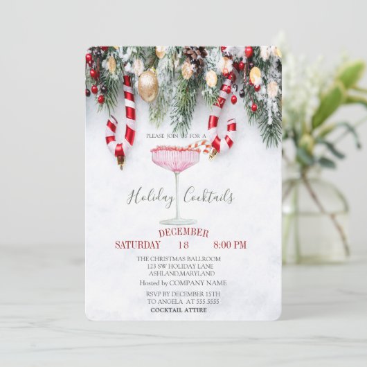 Candy Cane, Pine Tree Branches Drink Einladung (Stehend Vorderseite)