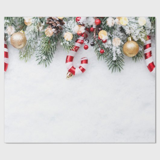 Candy Cane, Pine Trees Branches, Balls Geschenkpapier (Flach)