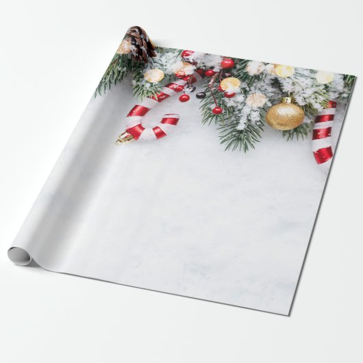 Candy Cane, Pine Trees Branches, Balls Geschenkpapier (Ungerollt)