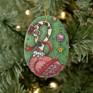 CANDY CANE PINK FLAMINGO WHIMSICAL CHRISTMAS BIRD KERAMIK ORNAMENT
