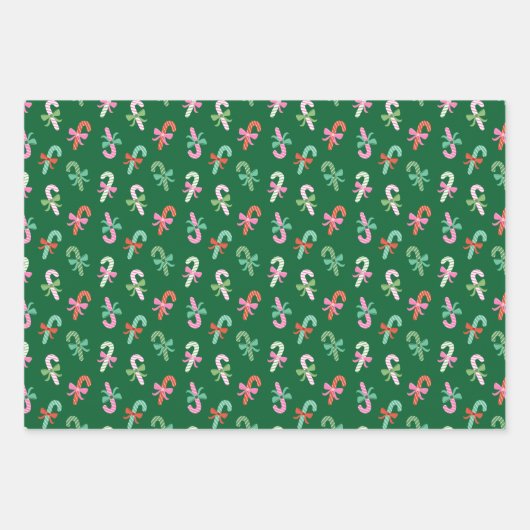 Candy Cane Plaid Stripes & Bows Green Christmas Geschenkpapier Set (Vorderseite)