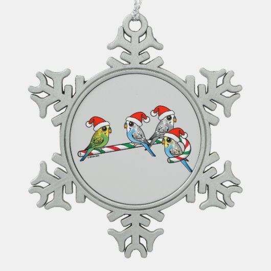 Candy Cane Santa Budgies Schneeflocken Zinn-Ornament (Vorderseite)