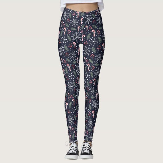 Candy Cane Snowflake Navy Weihnachtsfrauen Legende Leggings (Vorderseite)