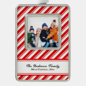 Candy Cane Stripe Custom Family Foto Rahmen-Ornament Silber (Vorderseite)