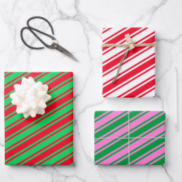 Candy Cane Stripe Red Green Pink Weihnachten Geschenkpapier Set
