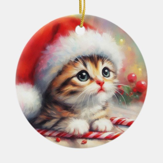 Candy Cane Tabby Kitten Weihnachten Keramik Ornament (Vorne)