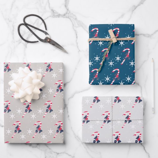 Candy Cane und Berry Snowflakes Weihnachtsmuster Geschenkpapier Set (Vorderseite)