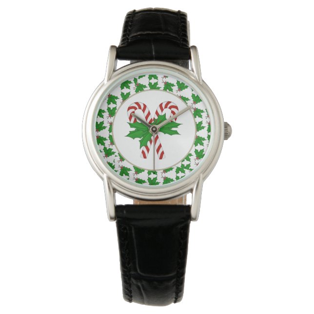 Candy Cane und Holly Watch Armbanduhr (Vorderseite)