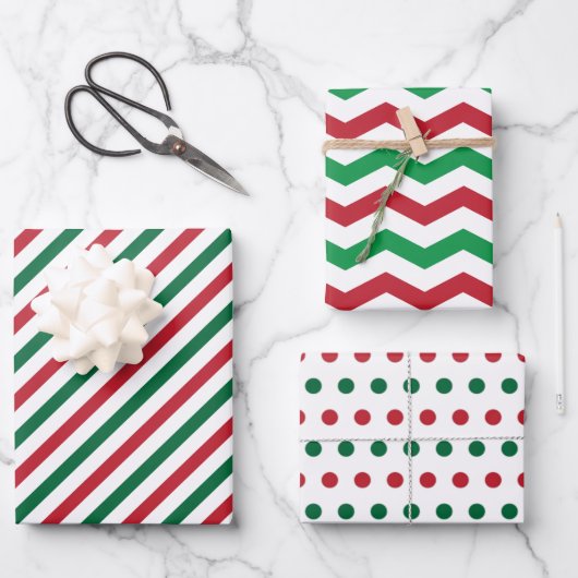 Candy Cane Zickzack Stripes & Polka Dots Muster Geschenkpapier Set (Vorderseite)