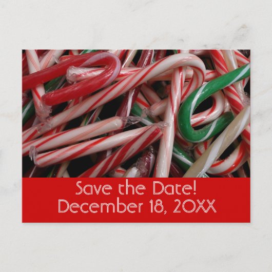 Candy Canes Holiday Save the Date Ankündigungspostkarte (Vorderseite)