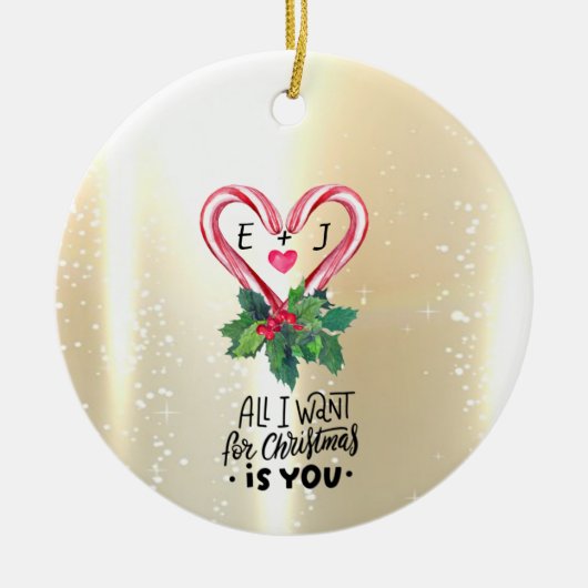 Candy Canes, Holly Berry, Gold, Monogramm Keramik Ornament (Vorne)