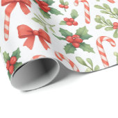 Candy Canes, Holly & Bows Wrapping Paper Geschenkpapier (Rolleneckpunkt)