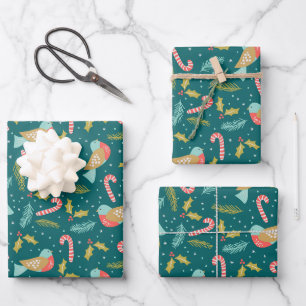 Candy Canes Holly Pine Boughds Birds Geschenkpapier Set