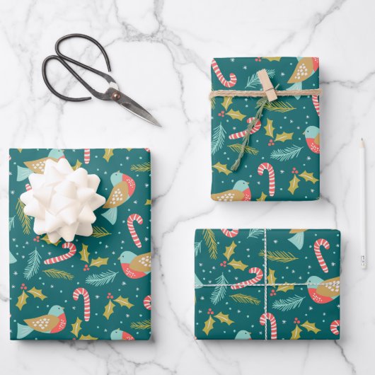 Candy Canes Holly Pine Boughds Birds Geschenkpapier Set (Vorderseite)