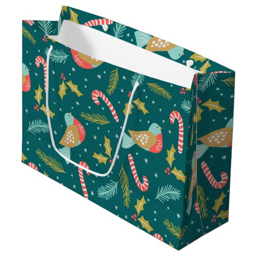 Candy Canes Holly Pine Boughds Birds Große Geschenktüte (Vorderseite Schrägansicht)