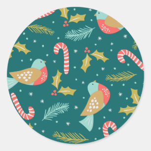 Candy Canes Holly Pine Boughds Birds Runder Aufkleber