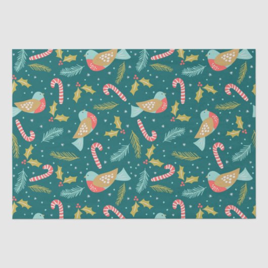 Candy Canes Holly Pine Boughds Birds Seidenpapier (Vorderseite)