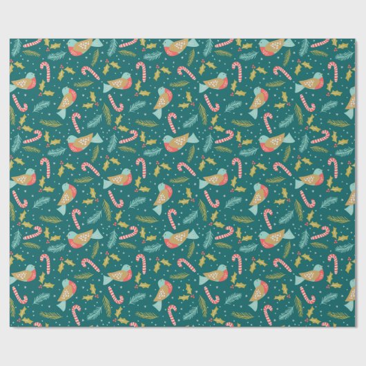 Candy Canes Holly Pine Boughs Bird Geschenkpapier (Flach)