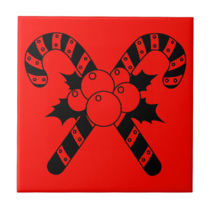 Candy Canes & mistletoe Black Frohe Weihnachten Fliese