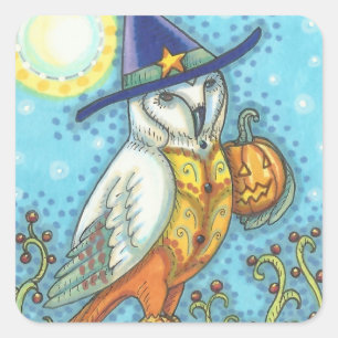 CANDY CORN BARN OWL FOLART, HALLOWEEN BIRD QUADRATISCHER AUFKLEBER