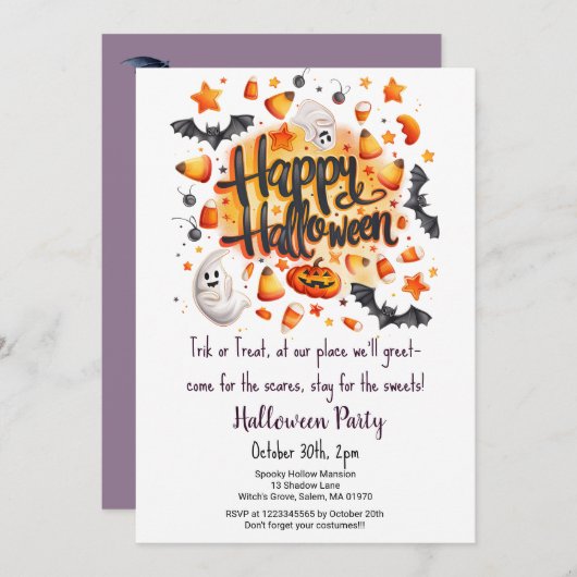 Candy Corn Trick oder Treat Bats Halloween-Party Einladung (Vorne/Hinten)