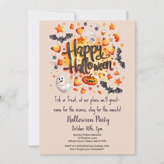 Candy Corn Trick oder Treat Bats Halloween-Party Einladung (Vorderseite)