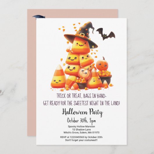 Candy Corn Trick oder Treat Pumpkins Halloween-Par Einladung (Vorne/Hinten)