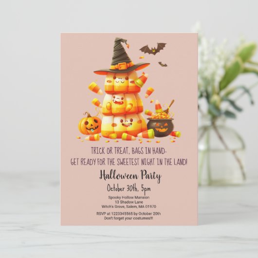 Candy Corn Trick oder Treat Pumpkins Halloween-Par Einladung (Stehend Vorderseite)