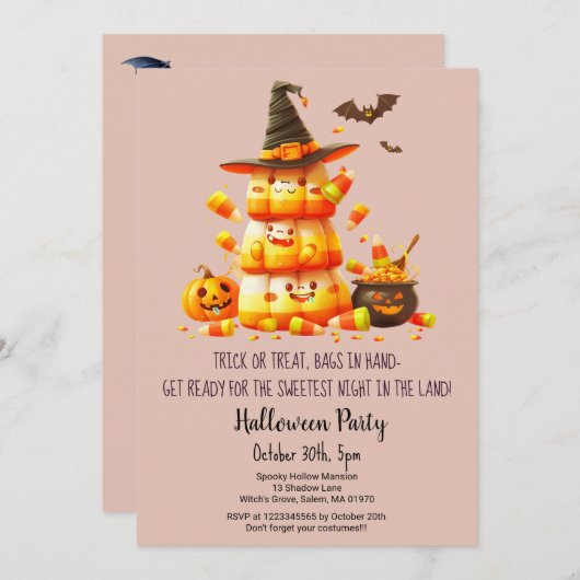 Candy Corn Trick oder Treat Pumpkins Halloween-Par Einladung (Vorne/Hinten)