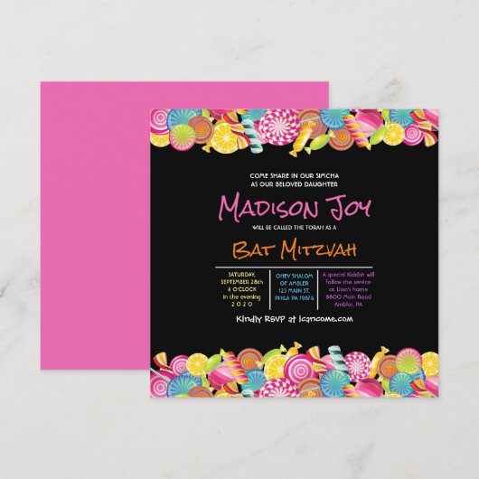 CANDY COUTURE Pink Bat Mitzvah Einladung (Vorne/Hinten)
