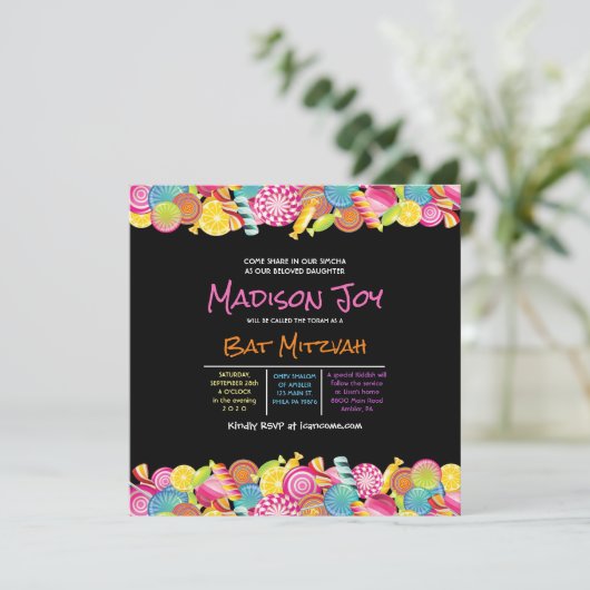 CANDY COUTURE Pink Bat Mitzvah Einladung (Stehend Vorderseite)