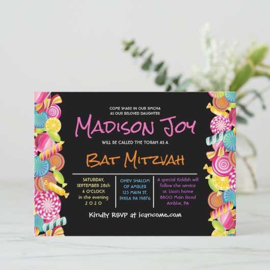 CANDY COUTURE Pink Bat Mitzvah Einladung (Stehend Vorderseite)