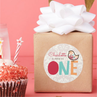 Candy Damask Chick Girl 1. Geburtstag Gastgeschenk Runder Aufkleber