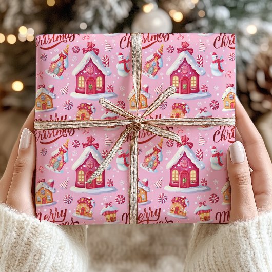 Candy Festive Whimsical Pink Frohe Weihnachten Geschenkpapier